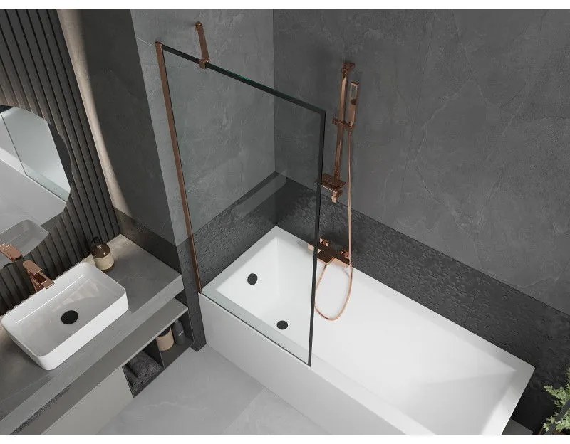 Mexen Next, vaňová zástena 1-krídlová 80 x 150 cm, fixné krídlo, 6 mm číre sklo s čiernym vzorom, ružové zlato profil, 895-080-000-00-70-60