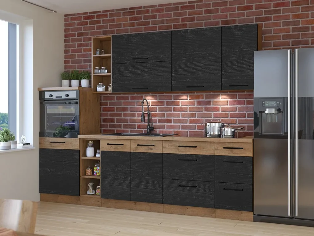 Kuchyňa Woodline IV, Farby: dub lancelot + dark wood, Osvetlenie: osvetlenie LED biele, Drez: nie, Pracovná doska:: áno