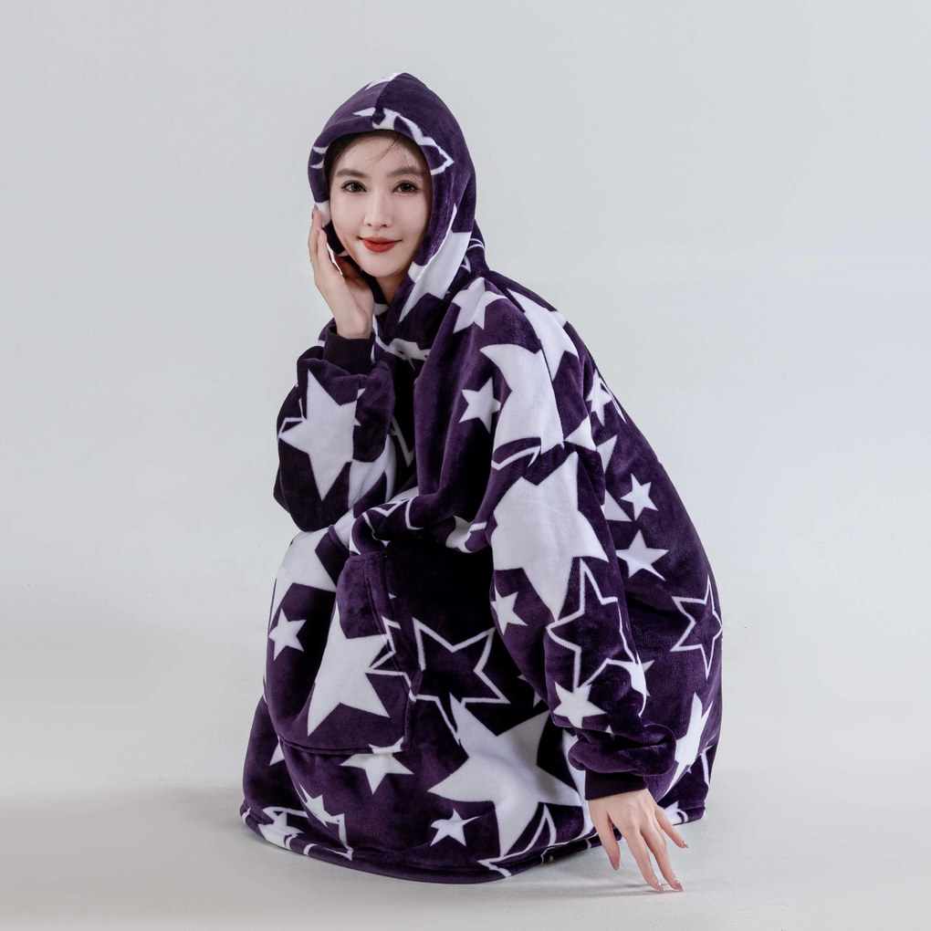 Baránková mikinová deka s rukávmi a kapucňou HVIEZDY fialová