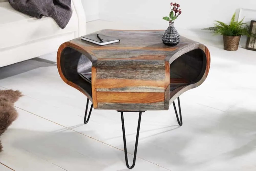Dizajnový konferenčný stolík Lorelei, 70 cm, sheesham, sivý