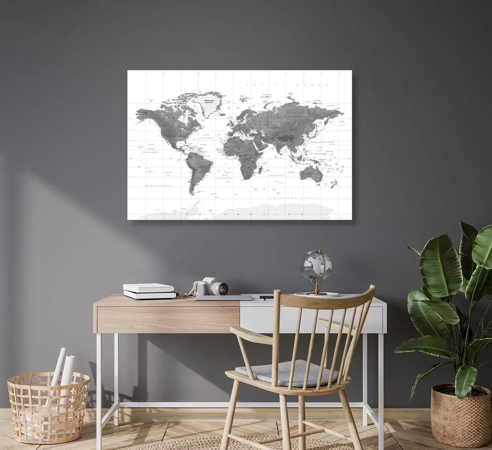 Obraz na korku nádherná mapa sveta v čiernobielom prevedení