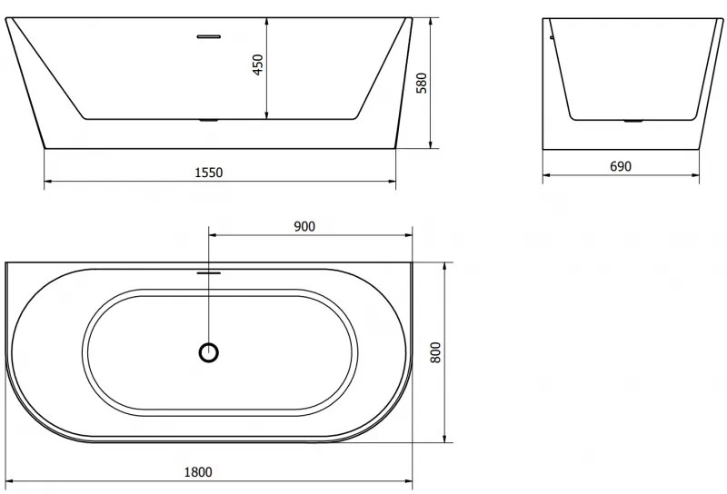 Mexen Oval, voľne stojaca nástenná vaňa 180 x 80 cm, biela-čierna, grafitový prepad, 52671808075-66