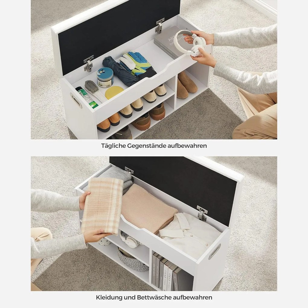 Lavica na topánky s poduškou a 3 priehradkami, biela