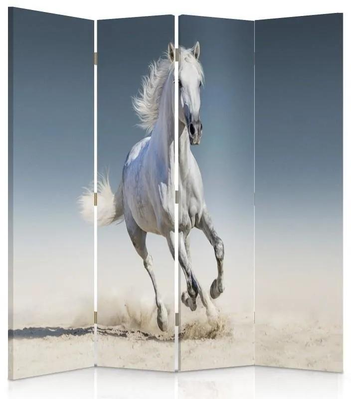 Ozdobný paraván Bílý cválající kůň - 145x170 cm, štvordielny, obojstranný paraván 360°