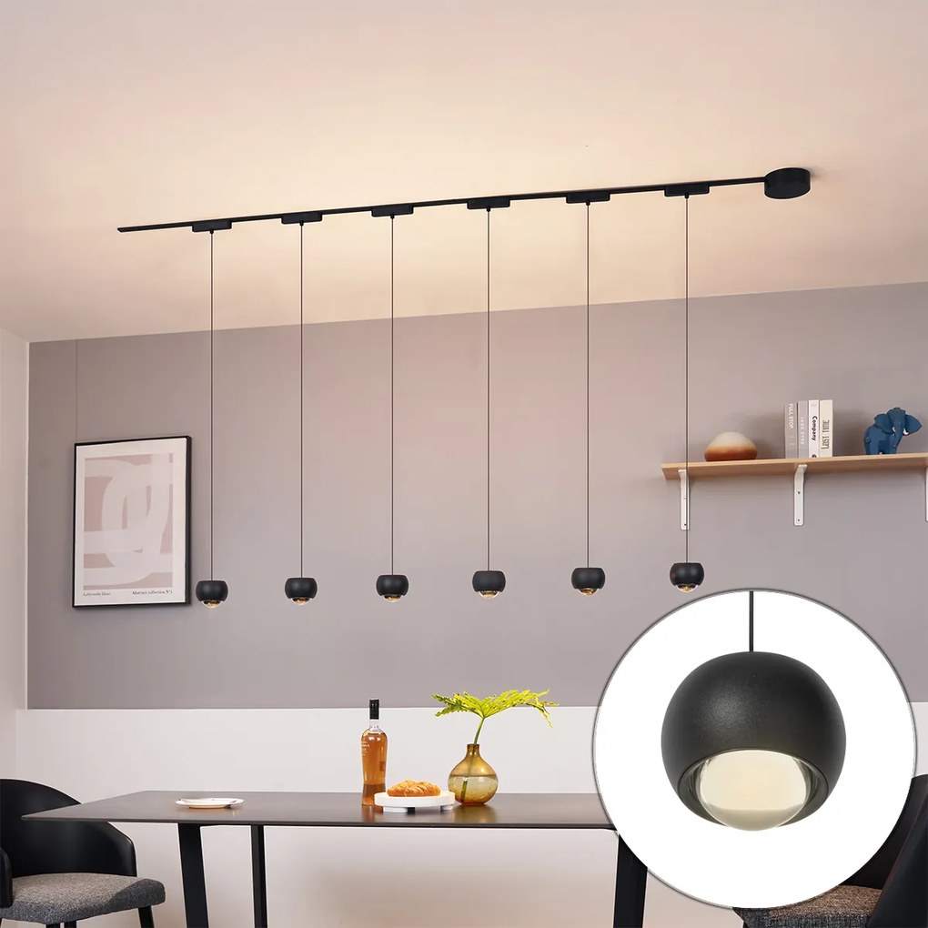 Moderný koľajnicový systém s 6 čiernymi závesnými svetlami 1-fázový - Magnetic Lance