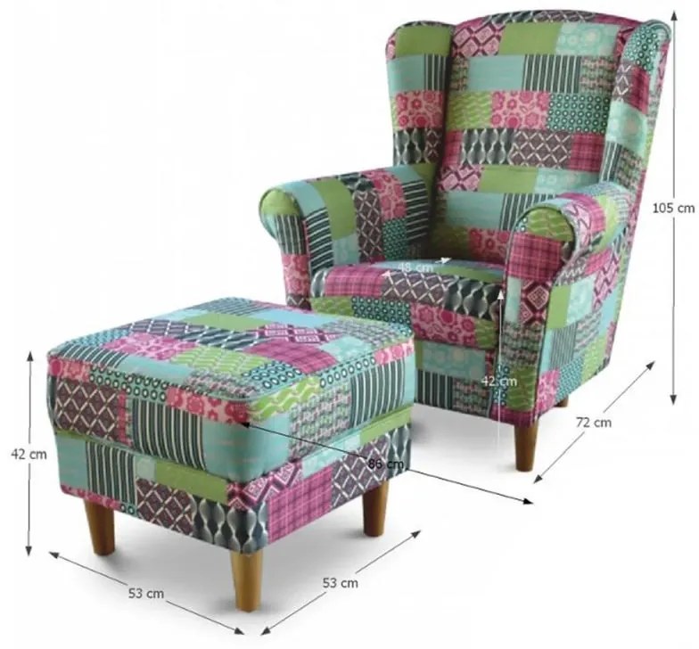 Kondela Kreslo, ušiak s taburetom, patchwork M1 látka, ASTRID
