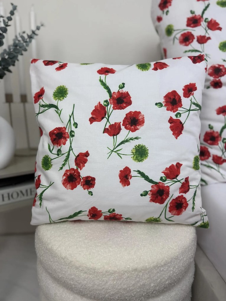 Obliečka na vankúš Maková lúka 40x40 cm – 100% bavlna, červené maky a zelené listy na bielom podklade