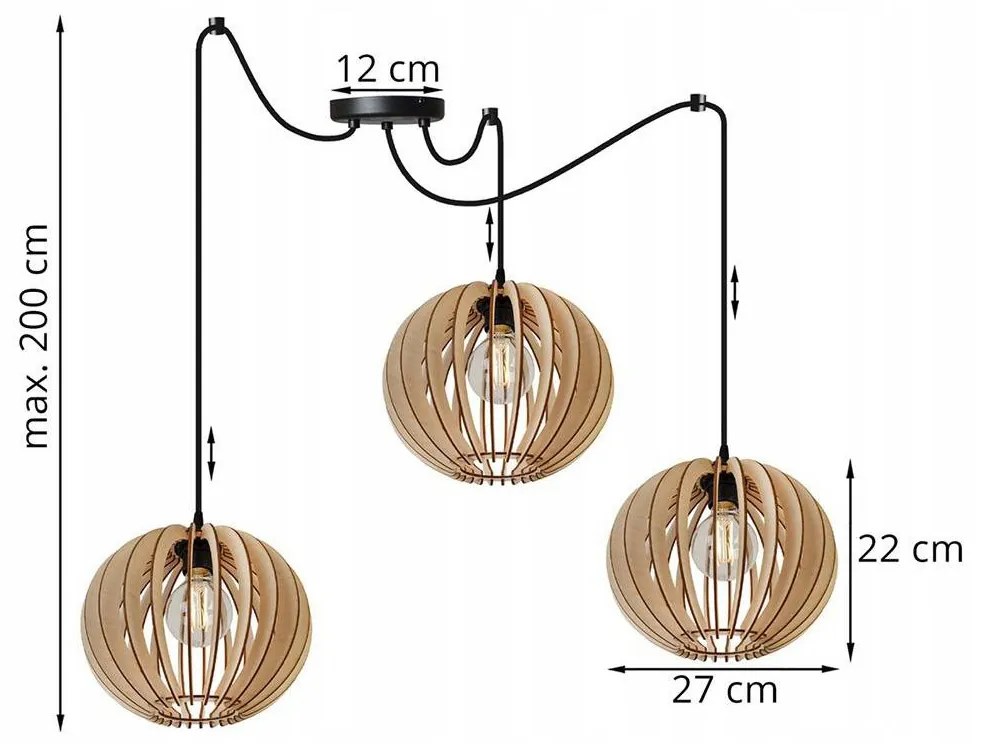 Závesné svietidlo TIMBER SPIDER 2, 3x drevené tienidlo