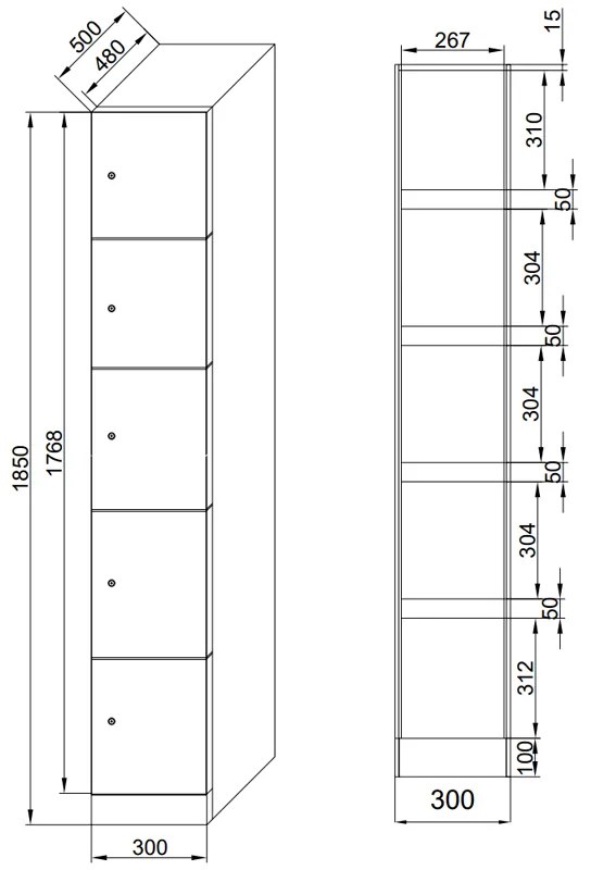 Šatníková skrinka s úložnými boxmi, 5 boxov, 1850 x 300 x 500 mm, zámok s čítačkou RFID kariet, tmavosivé dvere