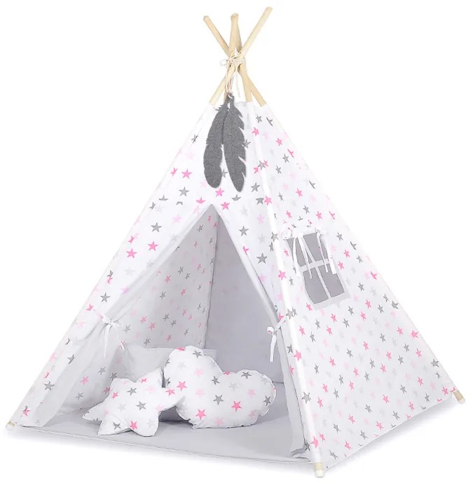 Bobono Stan Teepee pre deti + podložka na hranie + vankúše + ozdobné perie - Stars pink-grey/grey