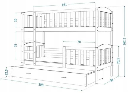 Detská poschodová posteľ KUBUS s úložným priestorom 90x200 cm - grafit Sivá