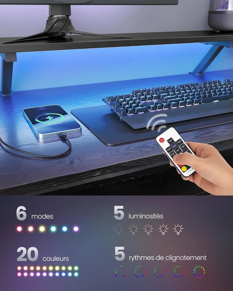Rohový psací stůl se zásuvkami a LED Vasagle Bora černý