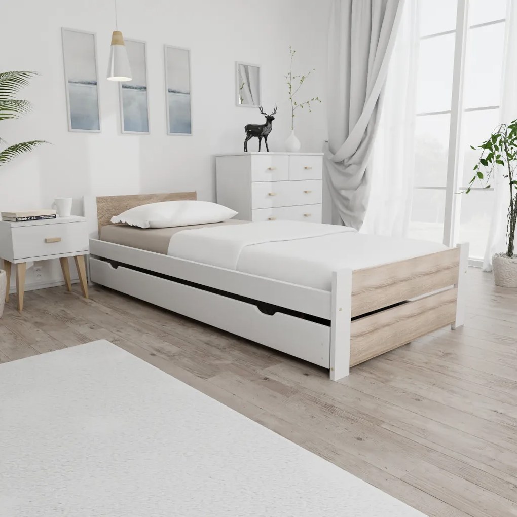 Posteľ IKAROS DOUBLE 90 x 200 cm, biela/dub sonoma Rošt: S lamelovým roštom, Matrac: Matrac Somnia 18 cm
