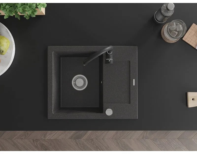 Mexen Enzo, granitový drez 576x465x174 mm, 1-komorový, čierna batéria Telma, čierna škvrnitá, 6506-76-670200-70