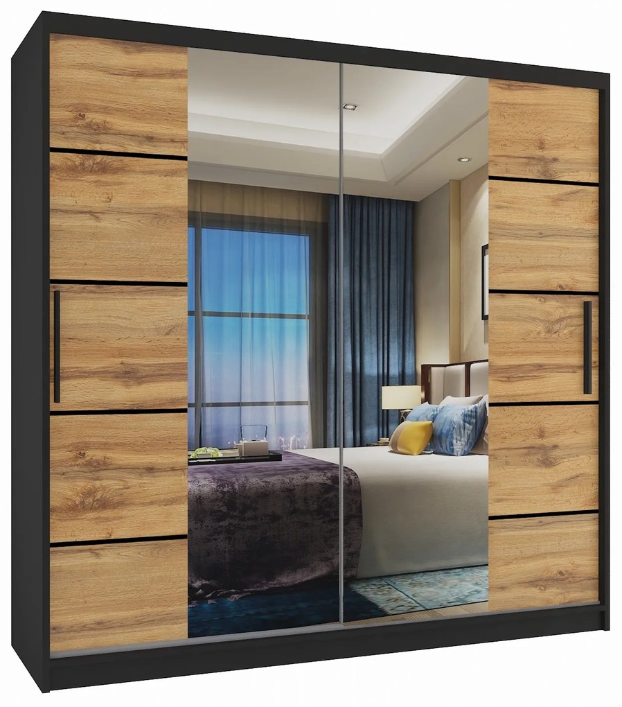 Šatníková skriňa 200 cm Belini čierny mat / dub wotan s posuvnými dverami zrkadlom a zásuvkami  ME SZP5/1/B/DW/0/KLP