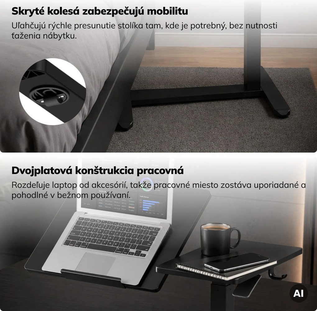 Stolík pod notebook nastaviteľný, mobilný, multifunkčný, čierny: BILL