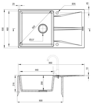 Deante ZRC_211A - Kuchynský drez CORIO 50x86 cm granit/grafit