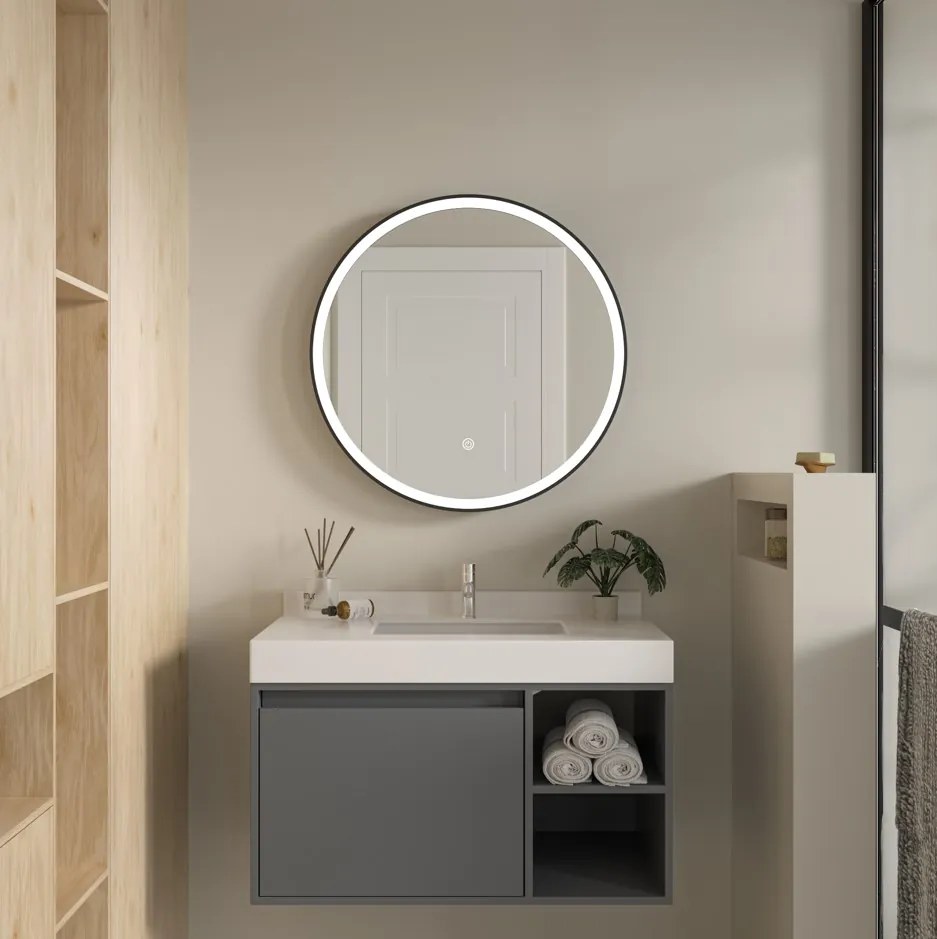 Erga Olivia, okrúhle LED zrkadlo 70cm, čierny kovový rám, 1610 lm, 6500K, predné osvetlenie, ERG-V01-202-7070-BK