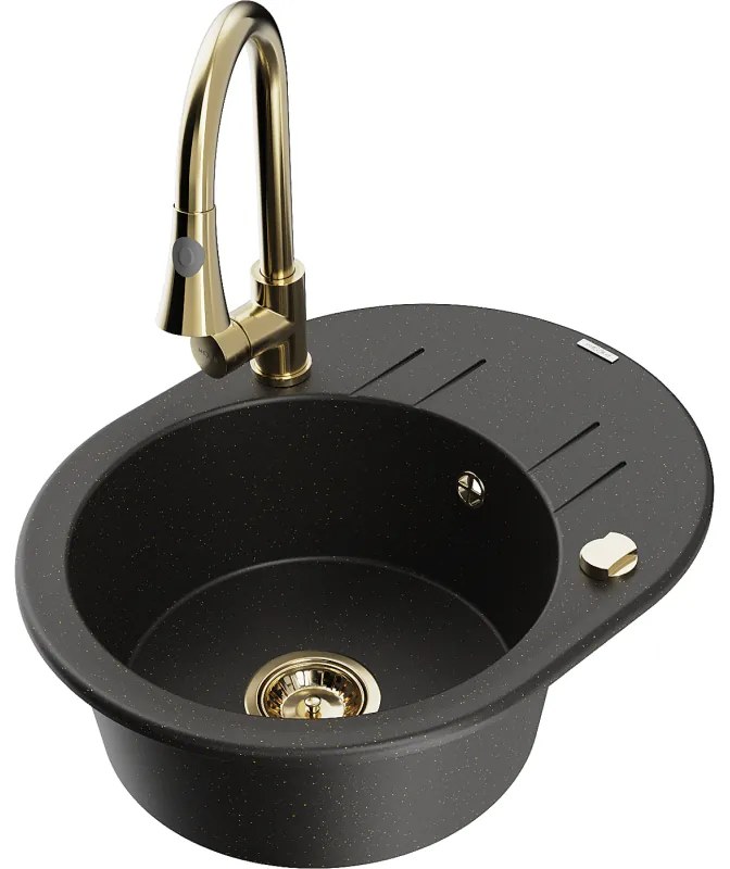 Mexen Kevin, 1-komorový granitový drez 586x458x190 mm a drezová batéria Elia, čierna-zlatá metalíza, 6517-75-670101-50