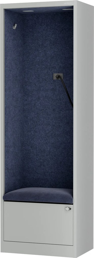 Kancelárska akustická kabína so sedadlom a portom USB-C, telo v sivý / sedák tmavomodrá v zelenej farbe, 600 mm: SALLY MentalBox