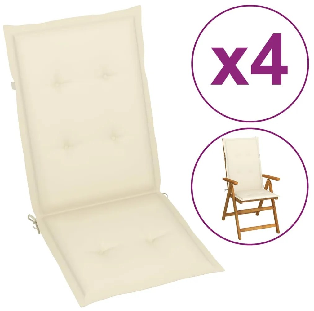 vidaXL Krémové sedáky na záhradné stoličky, 4 ks, 120x50x3 cm