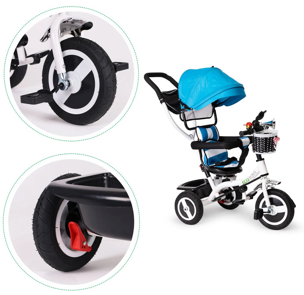 Trojkolka s otočnou strieškou odolné gumové kolieska modrá ECOTOYS