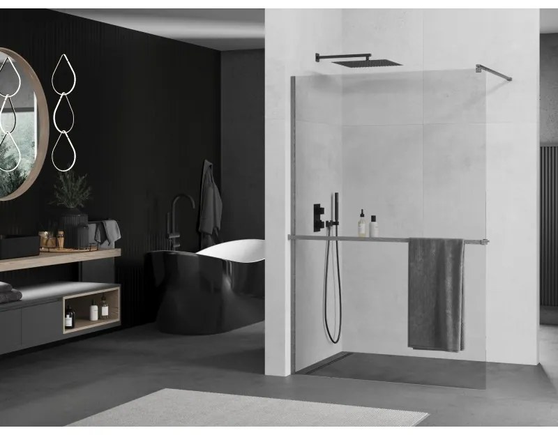 Mexen Kioto+, sprchová zástena Walk-In s poličkou a vešiakom 70 x 200 cm, 8mm číre sklo, grafitový profil, 800-070-121-66-00
