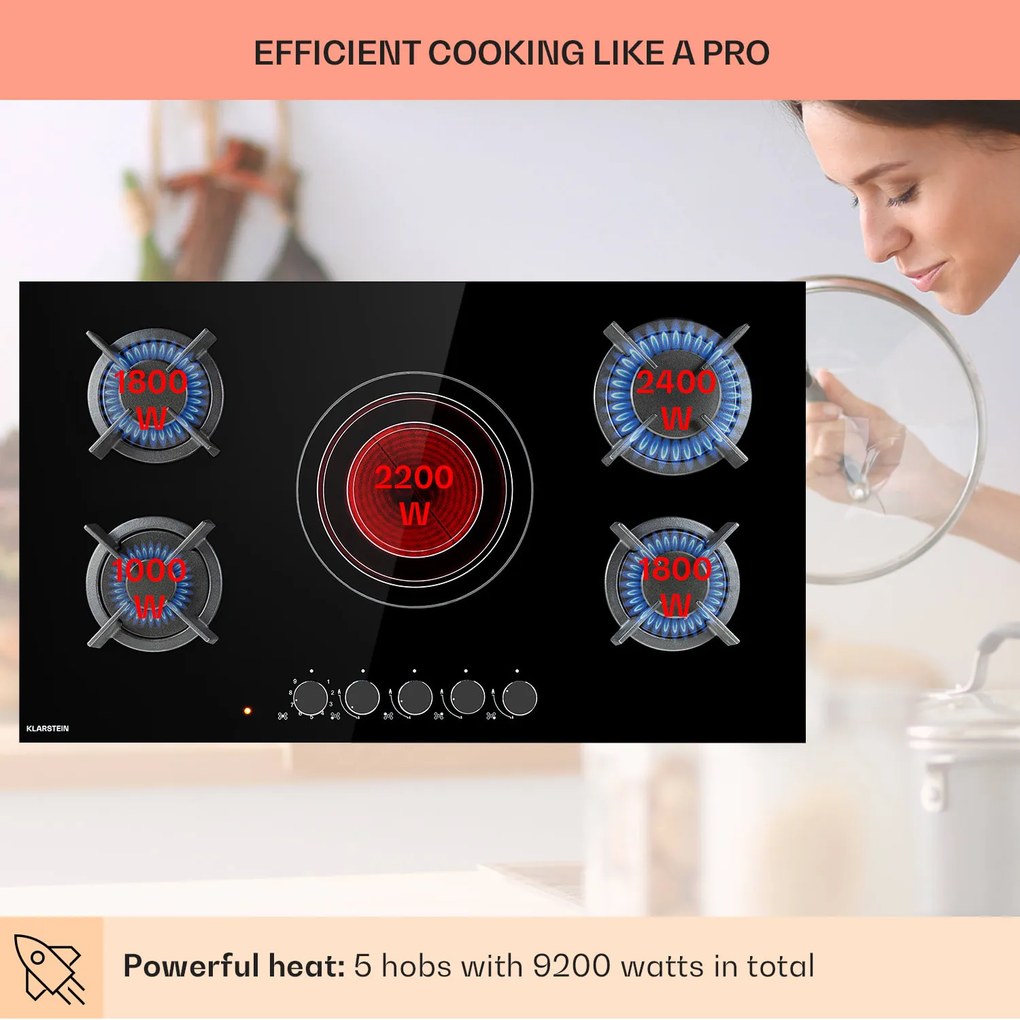 Klarstein MultiChef 5, kombinovaná plynová varná doska, 5 zón, plyn/sklokeramika