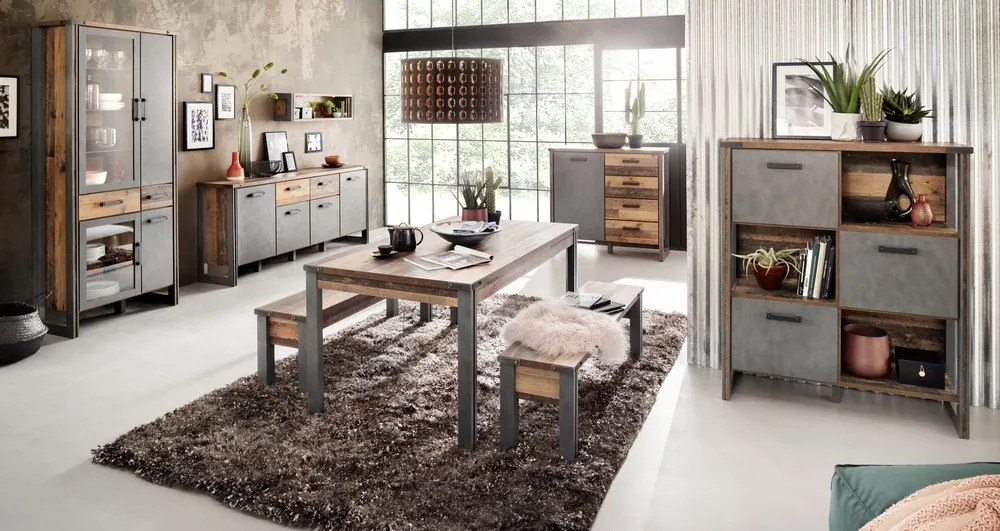 Vysoká vitrína Prime, vintage optika dreva