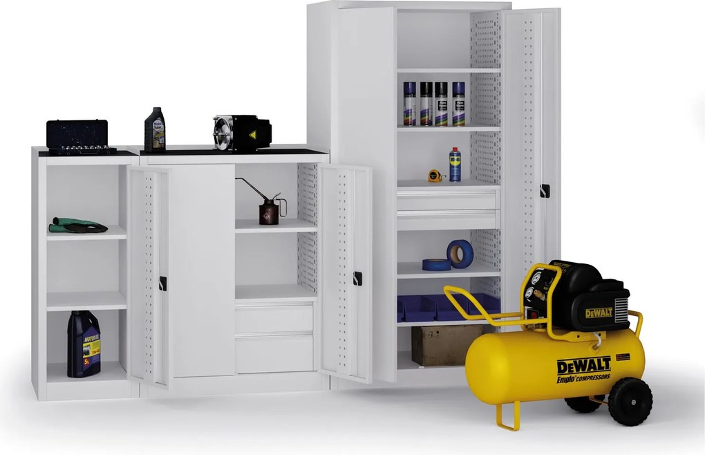 Policová dielenská skriňa na náradie KOVOS, perforovaný panel, 4 police, 2 zásuvky, 950 x 600 x 1950 mm, sivá