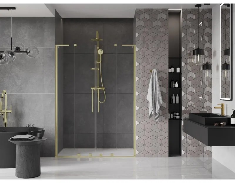 Mexen Velar L Duo, posuvné sprchové dvere do otvoru 150 cm, 8mm číre sklo, zlatá matná, 871-150-003-02-55