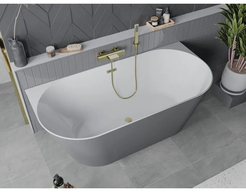 Mexen Oval Slim, voľne stojaca vaňa ku stene, 170 x 80 cm, biela-šedá, zlatý matný prepad, 52661708062-55