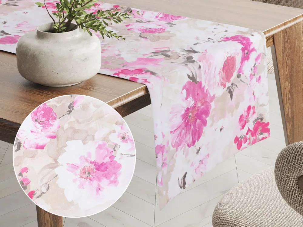 Biante Dekoračný behúň na stôl PM-030 Ružové maľované kvety 35x160 cm