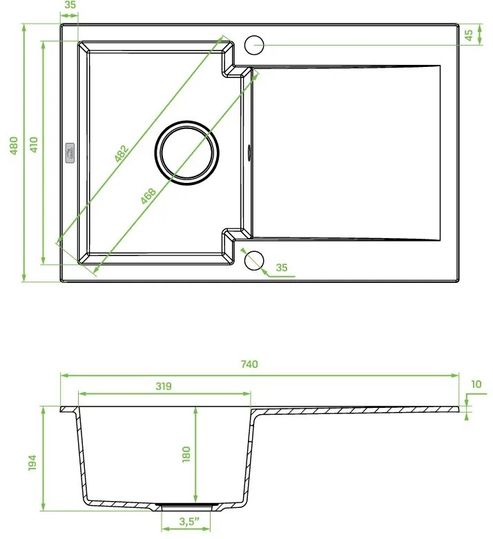 Kuchinox Chichi, 1-komorový granitový drez 740x480x194 mm, šedá, LAV-SBH_511Y