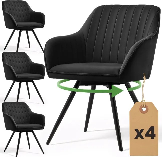 Sada štyroch otočných jedálenských stoličiek TURNO zamatové, čierne / čierne nohy (4 ks)