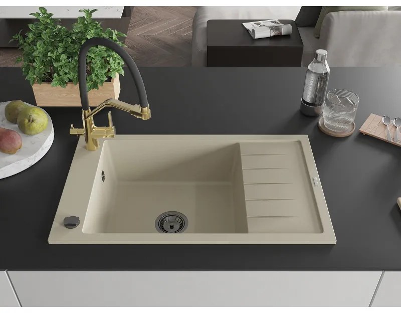 Mexen Elias, 1-komorový granitový drez 795x480x200 mm a drezová batéria Duo, béžová, 6511-69-671701-57-B