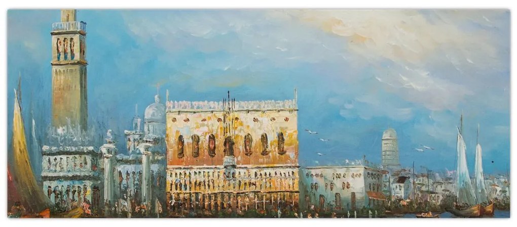 Obraz - Gondola prechádzajúca Benátkami, olejomaľba (120x50 cm)