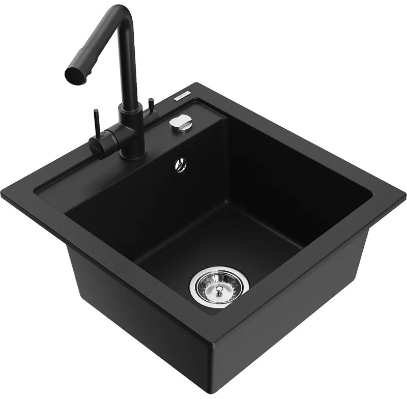 Mexen Vito, 1-komorový granitový drez 520x490x210 mm, čierna batéria Duero, čierna, 6503-77-671600-70
