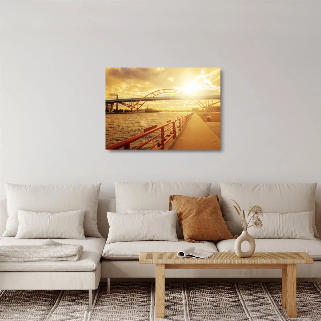 Sklenený obraz mosta pri západe slnka (70x50 cm)