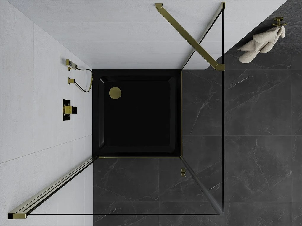 Mexen Pretoria, sprchovací kút 80 (dvere) x 80 (stena) cm, 6mm číre sklo, zlatý profil + čierna sprchová vanička, 852-080-080-50-00-4070G