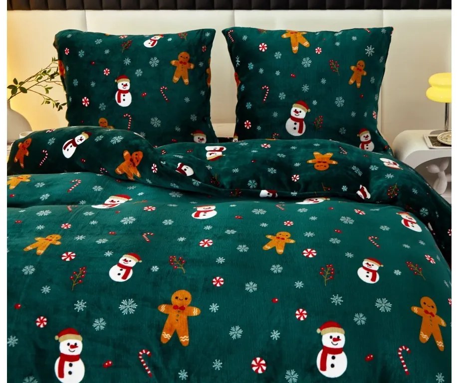Obliečky mikroplyš SNOWMAN AND GINGERBREAD zelené + plachta mikroplyš SOFT 90x200 cm čierna
