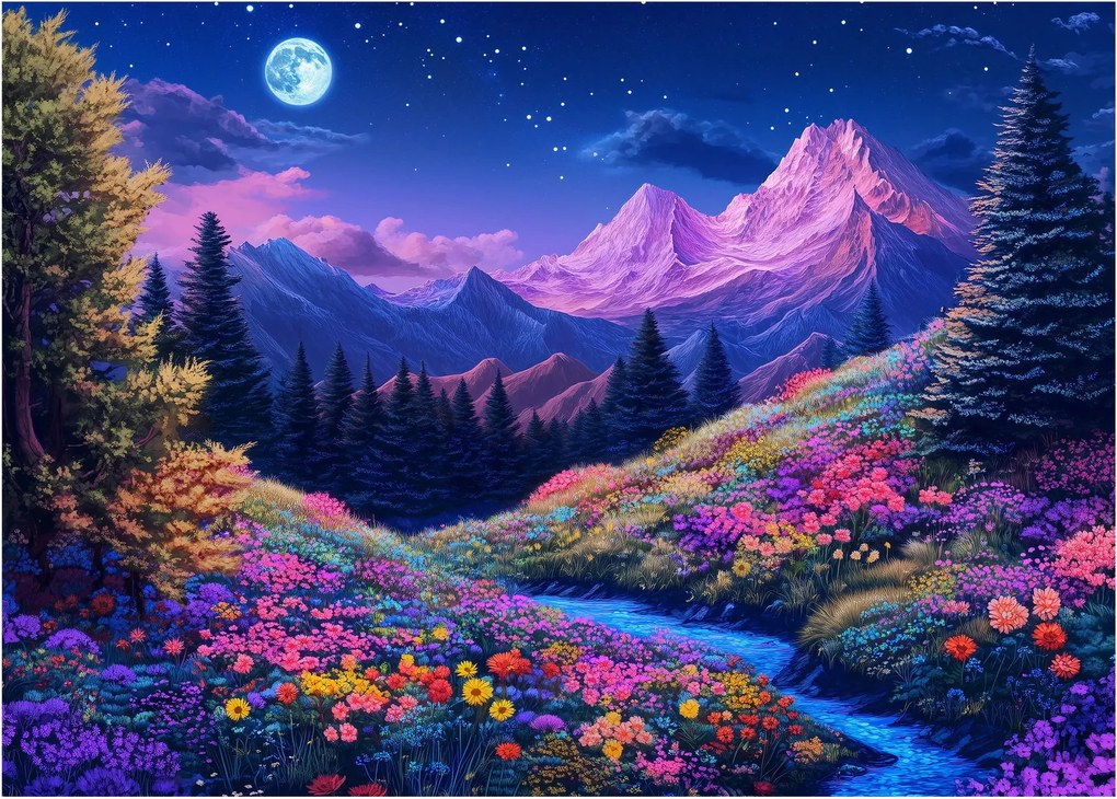 Sklenený obraz - Fialová krajina pri úplnku (70x50 cm)