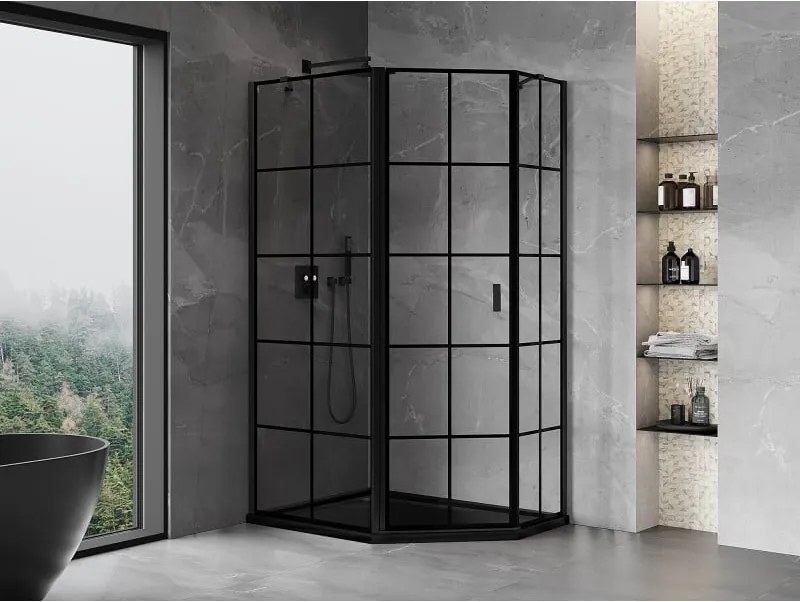 Mexen Mist, päťuholníkový sprchový kút, ľavý 100 x 80 cm, čierna mriežka, čierny - 8A8-100-080-70-77-L