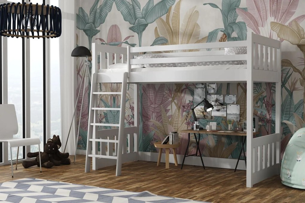 Detská vyvýšená posteľ z masívu borovice ALVIN - 200x90 cm - BIELA