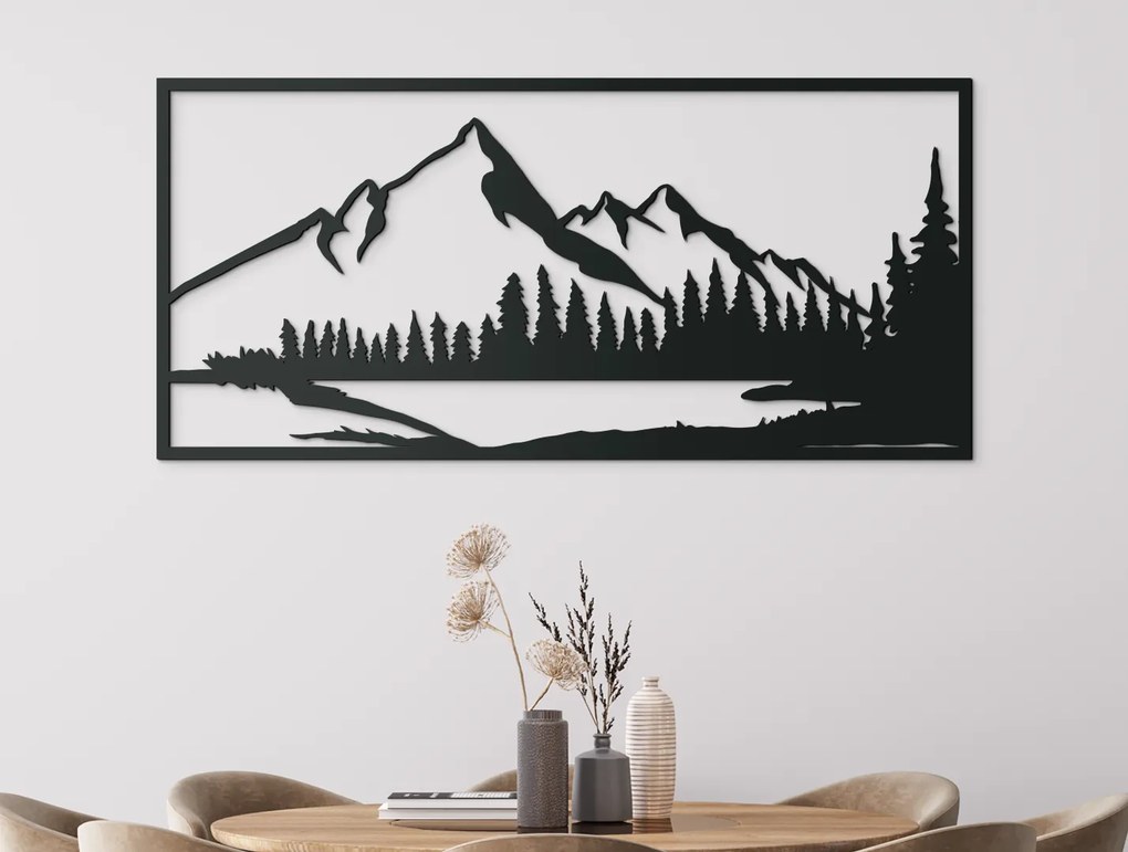 drevko Drevený obraz Vrchy s jazerom Rozmer obrazu: 30,5 x 65 cm, Farba dekorácie: Čierna