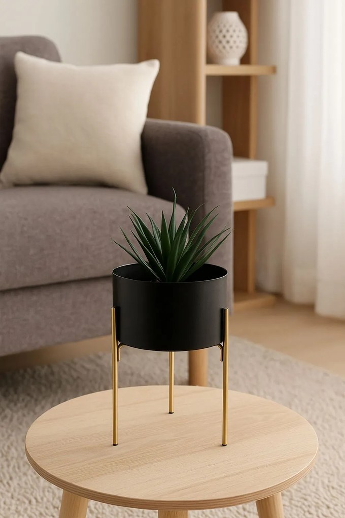 KOVOVÝ KVETINÁČ SO STOJANOM LOFT 20X13 CM ČIERNA/ZLATÁ
