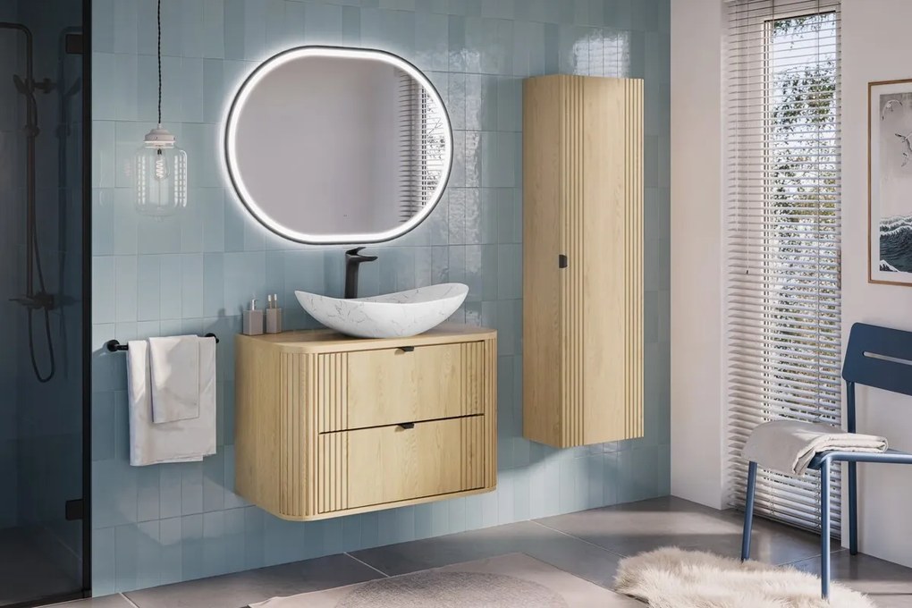 Závesná skrinka Ovalia Cloud s doskou a umývadlom 80 cm dub Cremona