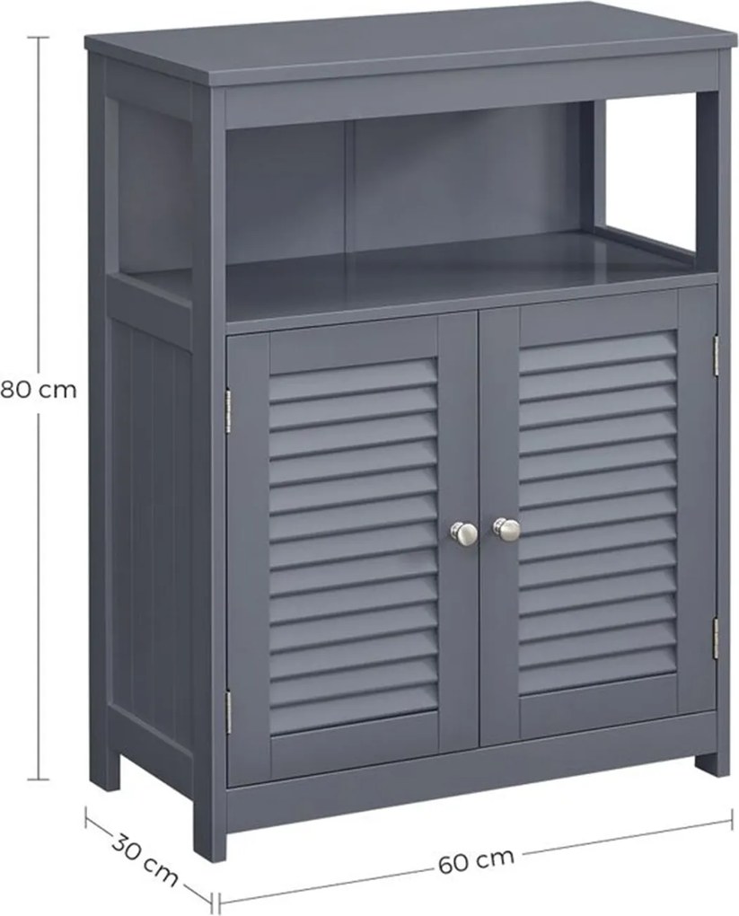 Kúpeľňová skrinka, voľne stojaca skrinka s lamelovými dvierkami, sivá