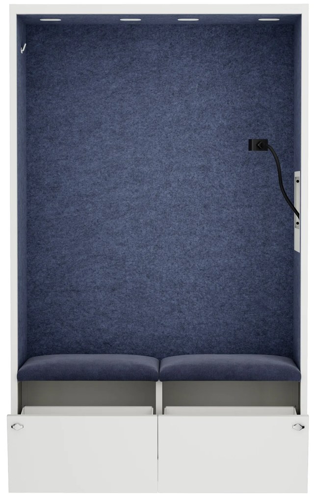 Kancelárska akustická kabína so sedadlom a portom USB-C, telo v biely / sedák tmavomodrá v zelenej farbe, 1150 mm: SALLY MentalBox