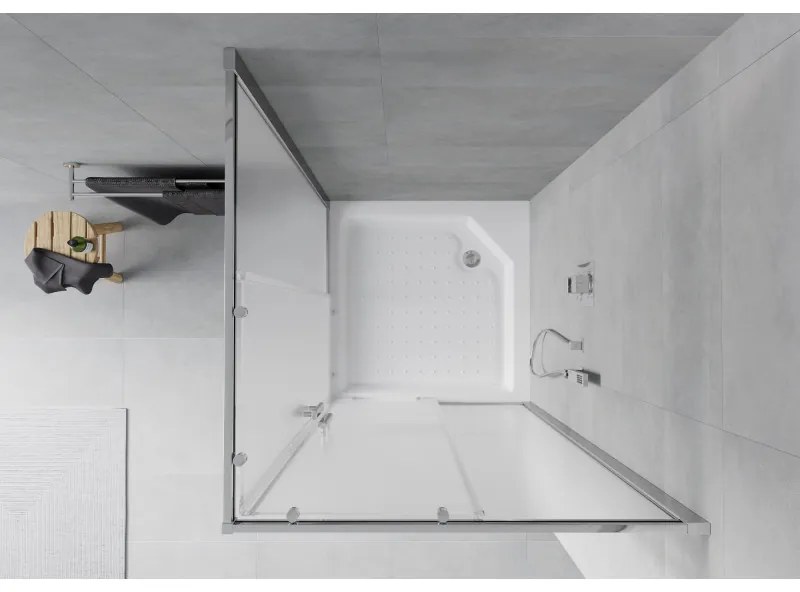 Mexen Rio, štvorcový sprchovací kút s posuvnými dverami 90(dvere) x 90(dvere) x 190 cm, 6mm sklo námraza, chrómový profil + biela sprchová vanička RIO, 860-090-090-01-30-4510
